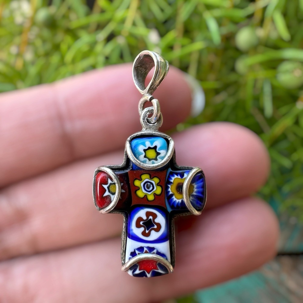 Vintage Murano Millefiori Glass Cross Pendant 1.5 Inch Italy 925 Sterling 5.0g